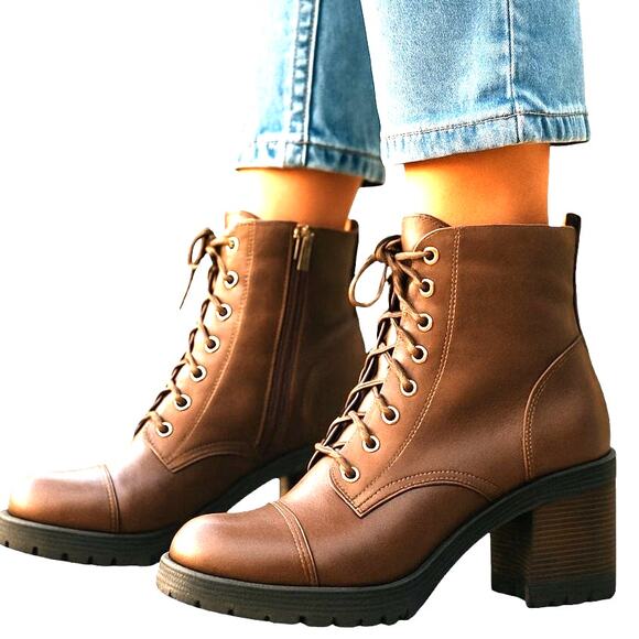 NWT Forever 8.5 Brown Women's Combat Ankle Boots 3 Inch High Heel Shoe 8 1/2 New - Picture 1 of 8